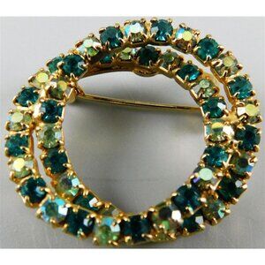 7/773 Vintage Double Ring Green / Blue Rhinestone Brooch Gold Tone 1.5 inches